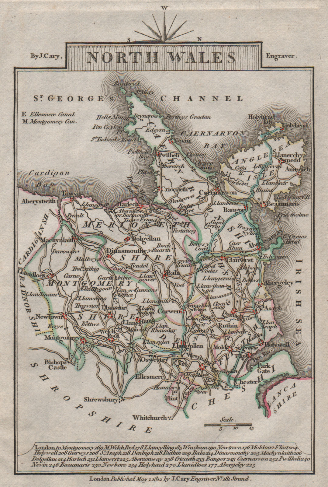 NORTH WALES by John CARY. Miniature antique map. Original colour 1812 old
